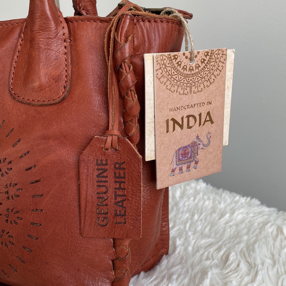 Genuine Leather Burnt Orange Tote Bag with Perforated Detail - Picture 2 of 13